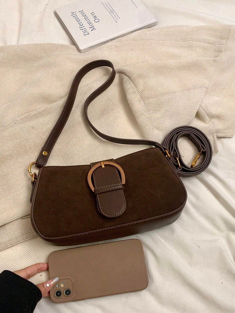 Women Retro Solid Color Dual Strap Suede Shoulder Crossbody Saddle Bag