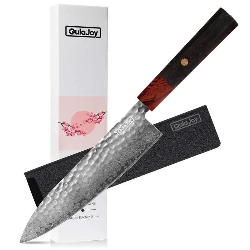 Qulajoy 8 Inch Chef Knife - Japanese Damascus VG-10 Super Steel Hammered Kitchen Knife