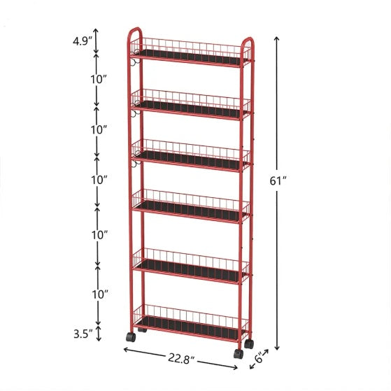 6-Tier Rolling Cart Gap Kitchen Slim Slide Out Storage Tower Rack With Wheels