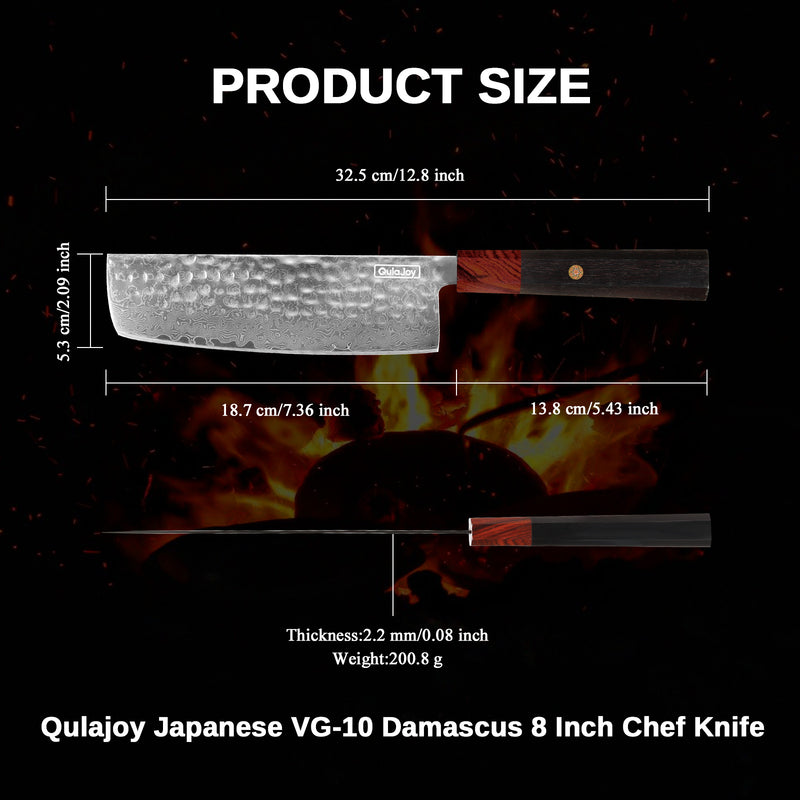 Qulajoy 8 Inch Chef Knife - Japanese Damascus VG-10 Super Steel Hammered Kitchen Knife
