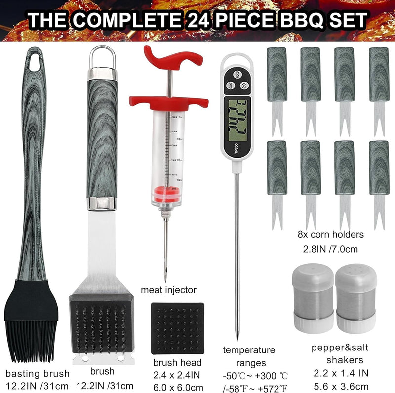 Grilljoy 24PCS BBQ Grill Tools Set With Meat Thermometer And Injector - Extra Thick Stainless Steel Fork