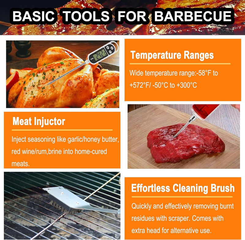 Grilljoy 24PCS BBQ Grill Tools Set With Meat Thermometer And Injector - Extra Thick Stainless Steel Fork