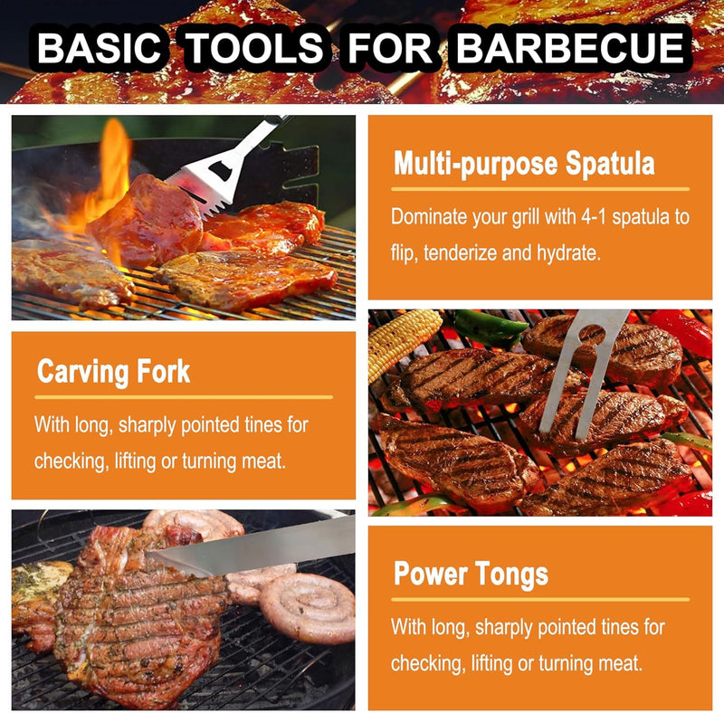 Grilljoy 24PCS BBQ Grill Tools Set With Meat Thermometer And Injector - Extra Thick Stainless Steel Fork