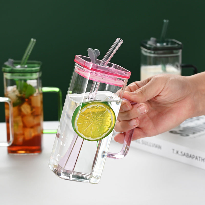 6 Pcs Glass Straw Cup, 6 Colors Square Glass Cup With Straw And Lid