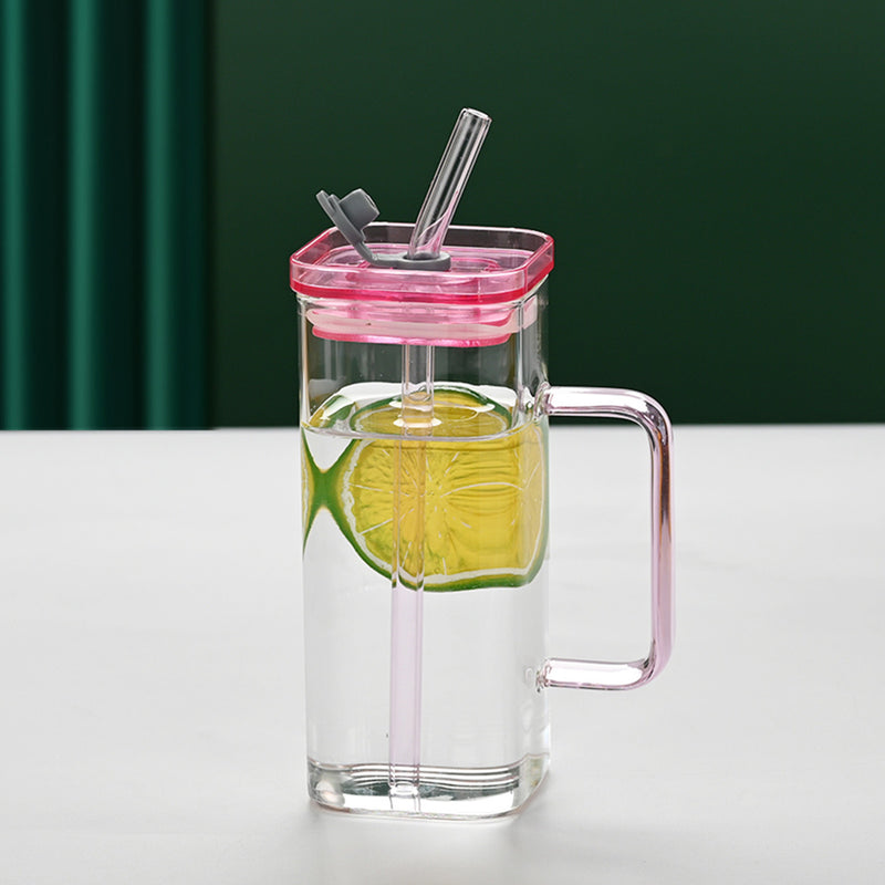 1 Pcs Green Glass Straw Cup, 6 Colors Square Glass Cup