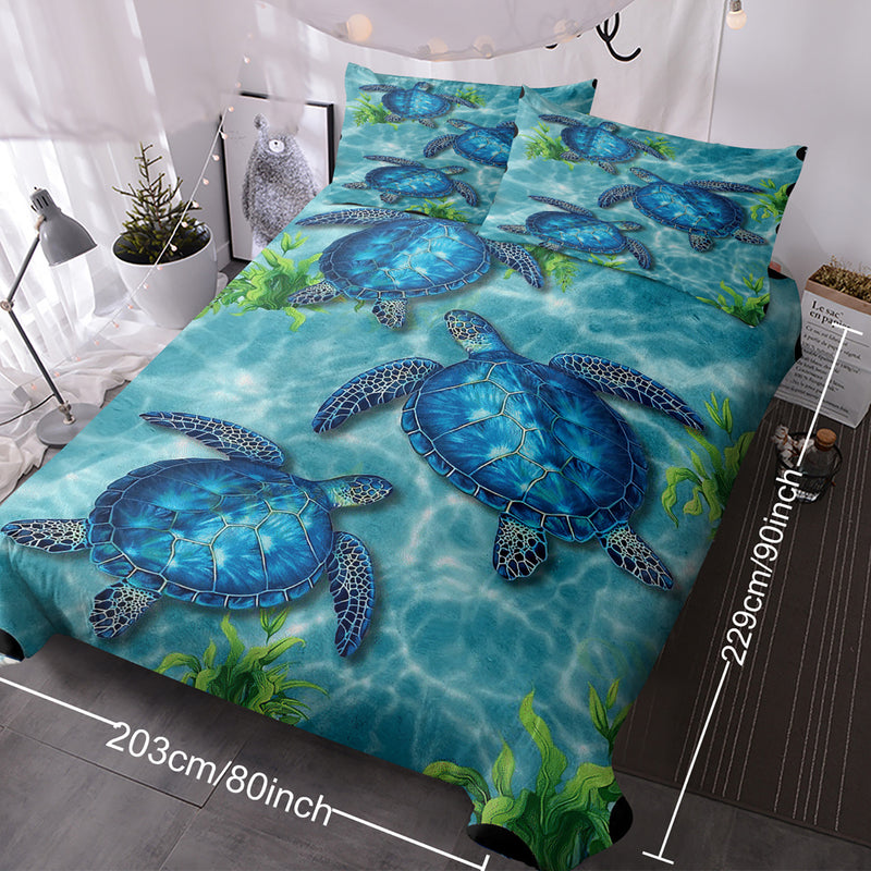 Sea Turtle Pattern Duvet Cover Set 3 Pieces King Size Soft Bedding Set