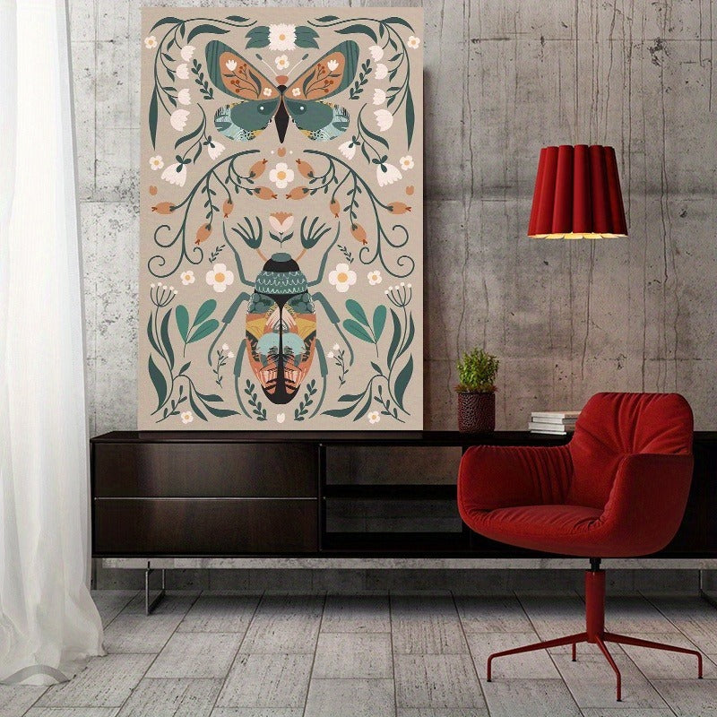 1pcs Modern Classic Wood Frame Canvas Wall Decor With Plant Flower & Butterfly Print
