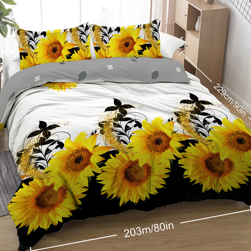 3 Pieces Black and White Background Sunflower Duvet Cover Set