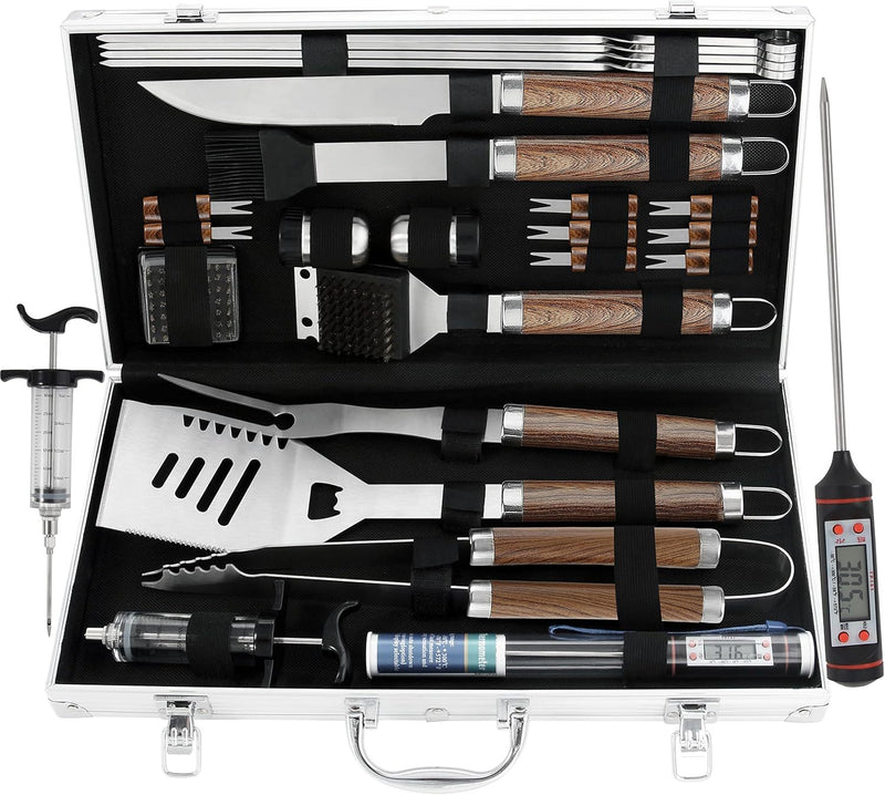 Grilljoy 24PCS BBQ Grill Tools Set With Meat Thermometer And Injector - Extra Thick Stainless Steel Fork