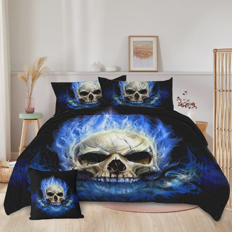 4 Piece Blue Fire Skull Comforter Set,