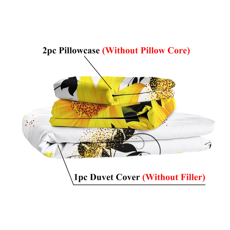 3 Pieces Black and White Background Sunflower Duvet Cover Set
