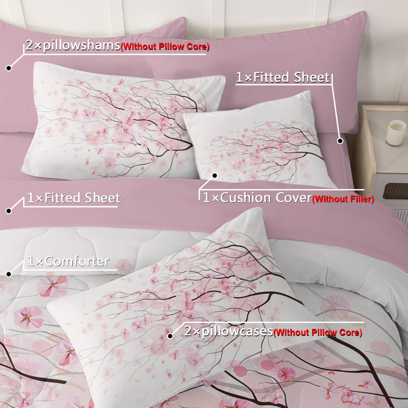Cherry Blossom Pattern Comforter Set 8PCS Twin Size Soft Bedding Set