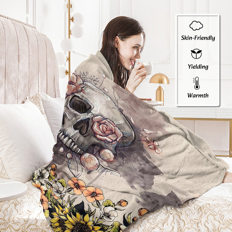 Rustic Skull Sunflower Flannel Fleece Blanket