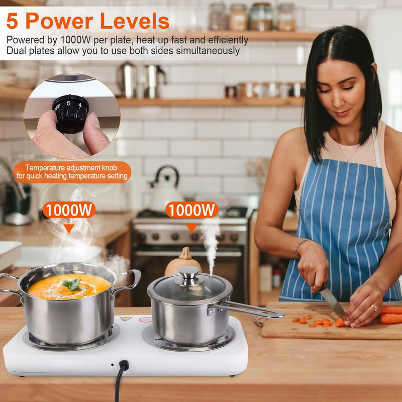 2 Color Options -- 1Pc 2000W Electric Double Burner Portable Coil Heating Hot Plate