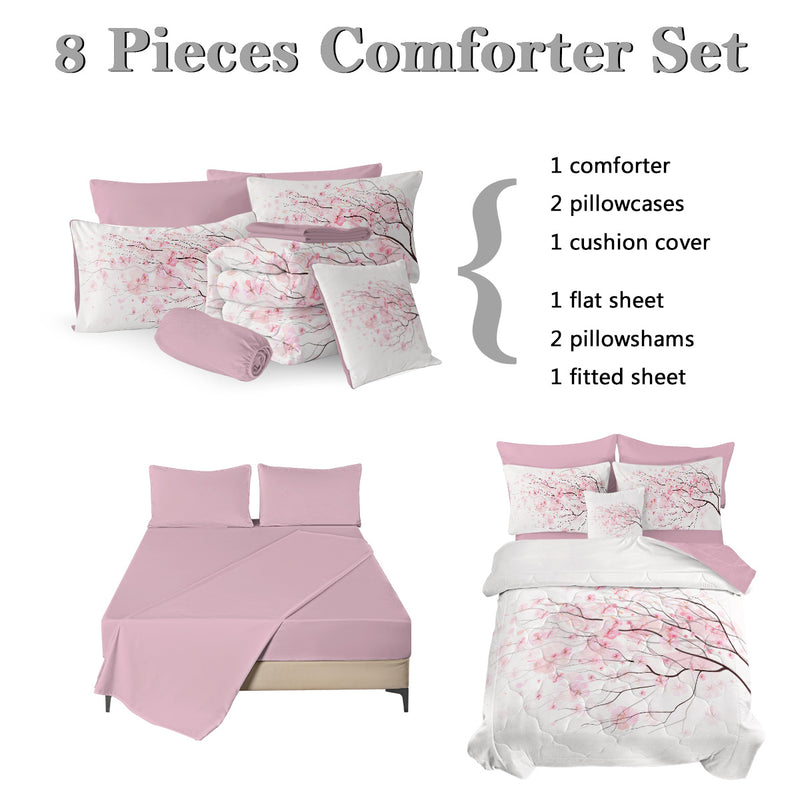 Cherry Blossom Pattern Comforter Set 8PCS Twin Size Soft Bedding Set