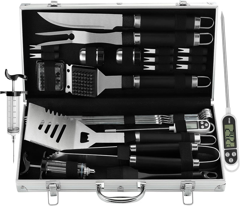 Grilljoy 24PCS BBQ Grill Tools Set With Meat Thermometer And Injector - Extra Thick Stainless Steel Fork
