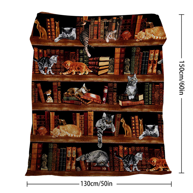 Vintage Kitten Flannel Blanket Cat In The Bookshelf Throw Blanket
