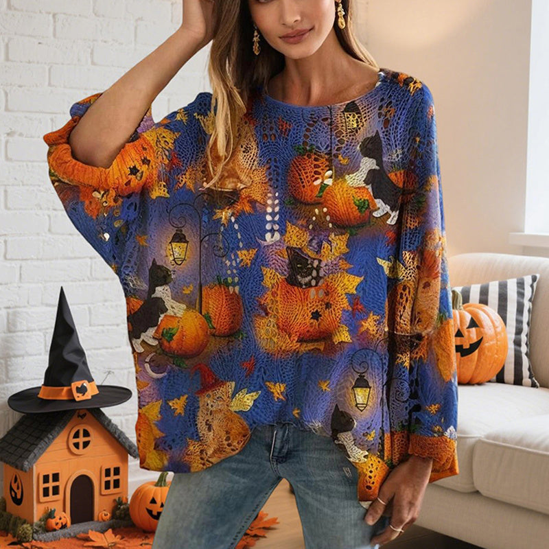 Women's Diamond Halloween Out Batwing Sleeve Top - Loose Fit