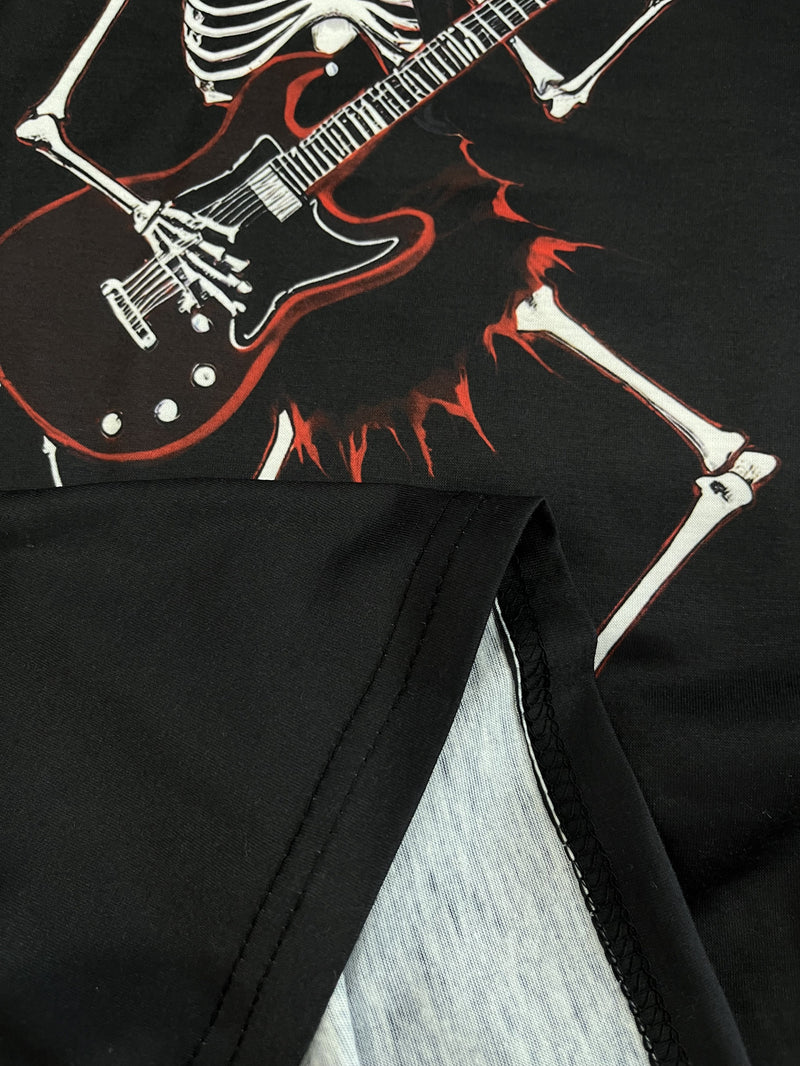 Men's Skull Guitar Patterned Round Neck T-shirt