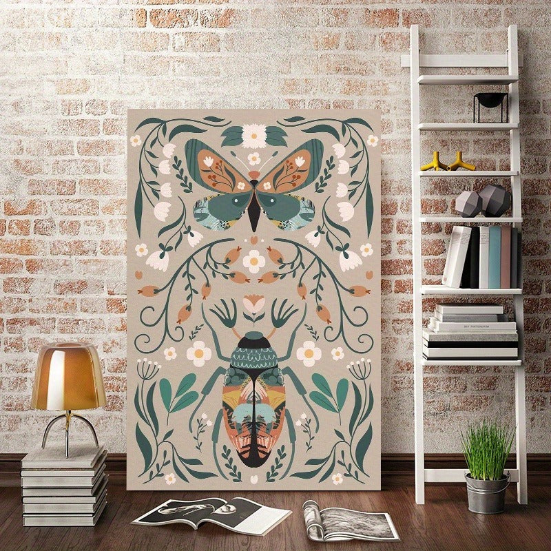 1pcs Modern Classic Wood Frame Canvas Wall Decor With Plant Flower & Butterfly Print