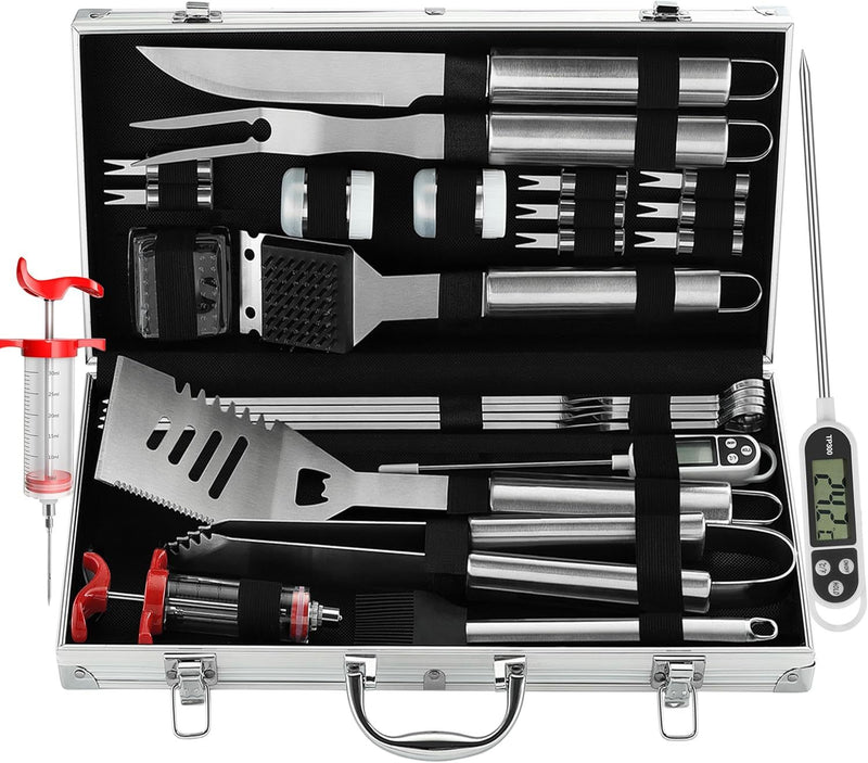 Grilljoy 24PCS BBQ Grill Tools Set With Meat Thermometer And Injector - Extra Thick Stainless Steel Fork