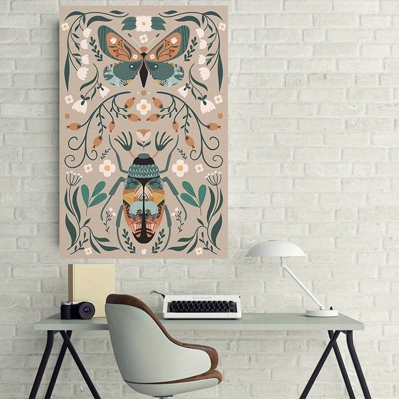 1pcs Modern Classic Wood Frame Canvas Wall Decor With Plant Flower & Butterfly Print