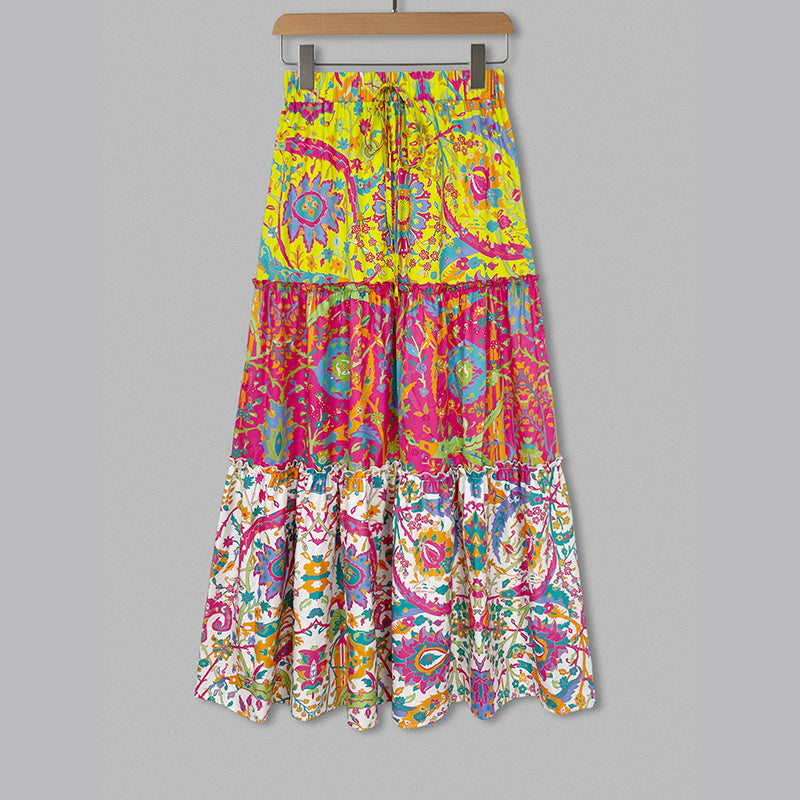 Women's Floral Print Maxi Skirt With Elastic Drawstring Waist