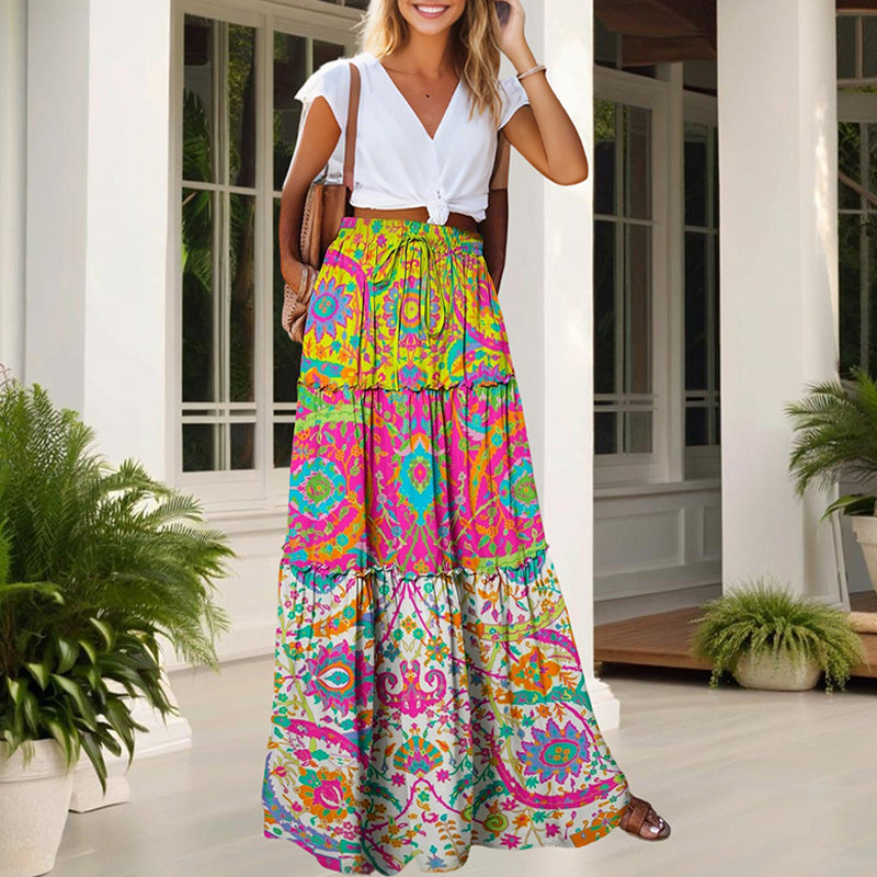 Women's Floral Print Maxi Skirt With Elastic Drawstring Waist