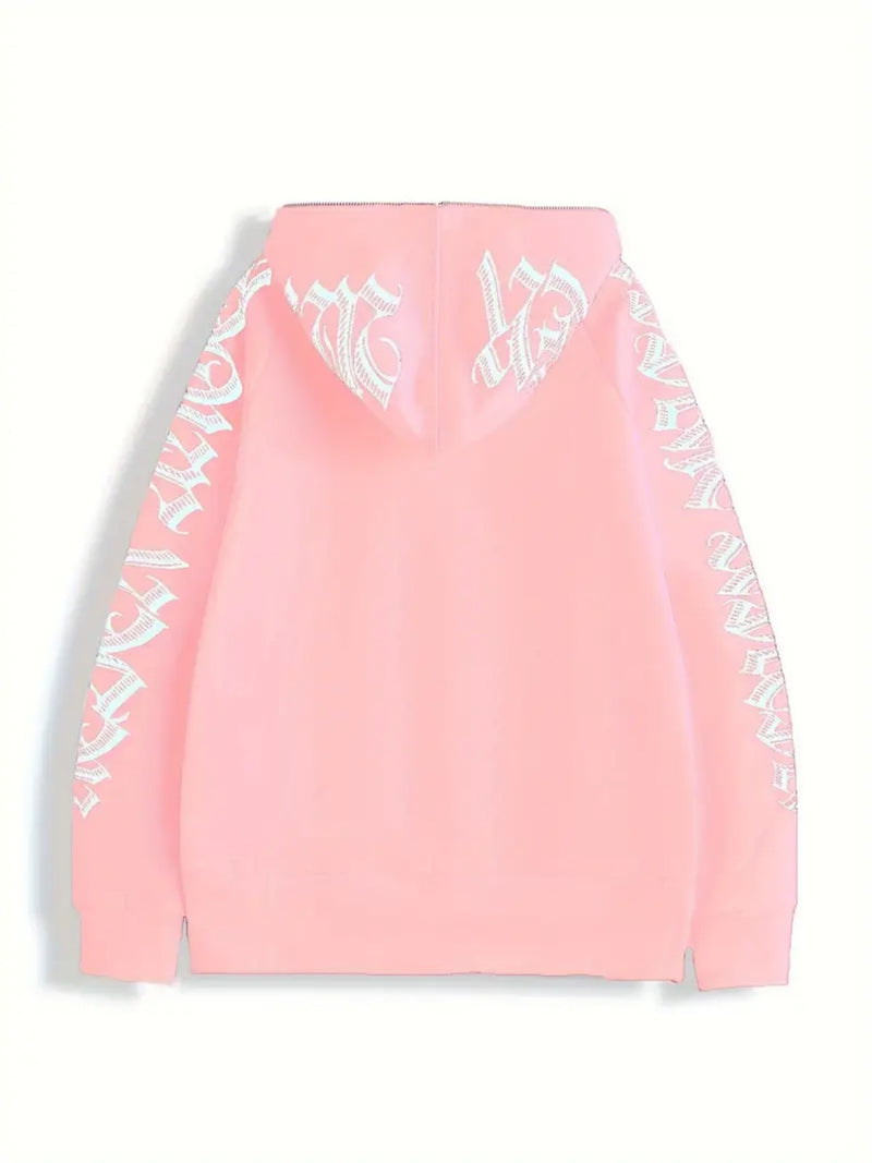 Letter Printed Long Sleeve Zipper Hoodie