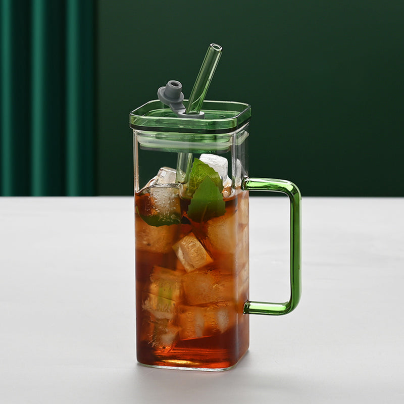 1 Pcs Green Glass Straw Cup, 6 Colors Square Glass Cup