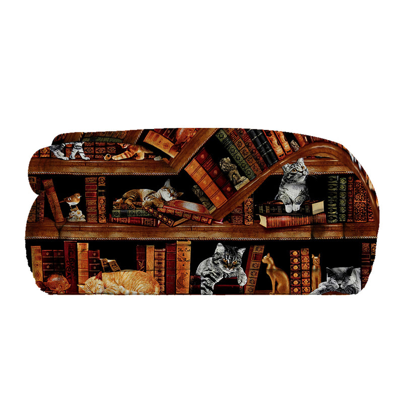 Vintage Kitten Flannel Blanket Cat In The Bookshelf Throw Blanket