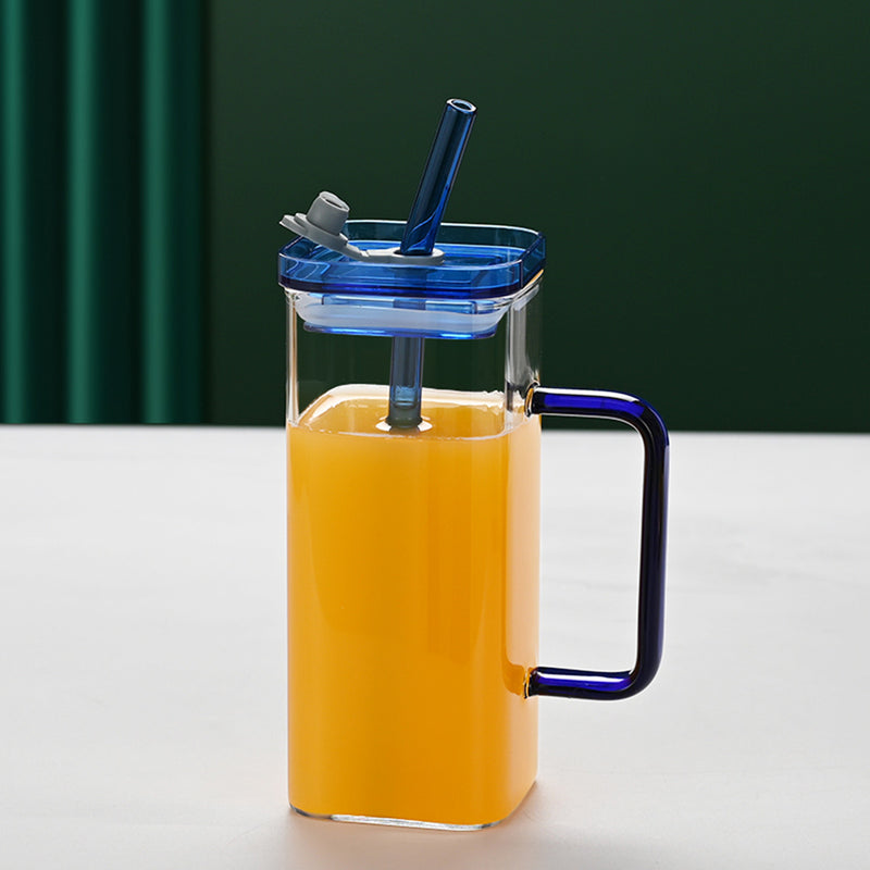 1 Pcs Blue Glass Straw Cup, 6 Colors Square Glass Cup With Straw And Lid