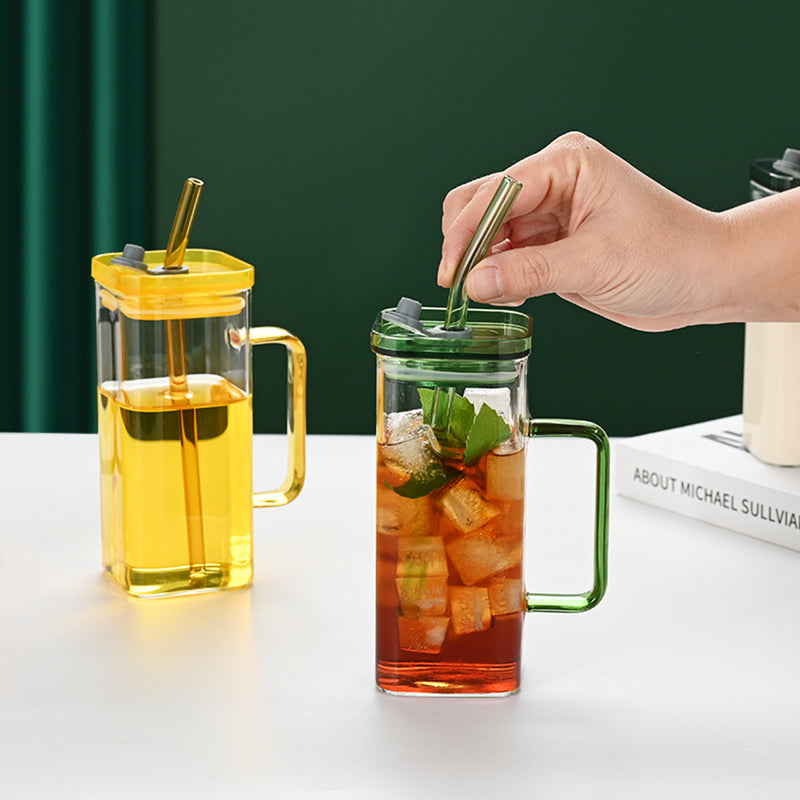 6 Pcs Glass Straw Cup, 6 Colors Square Glass Cup With Straw And Lid