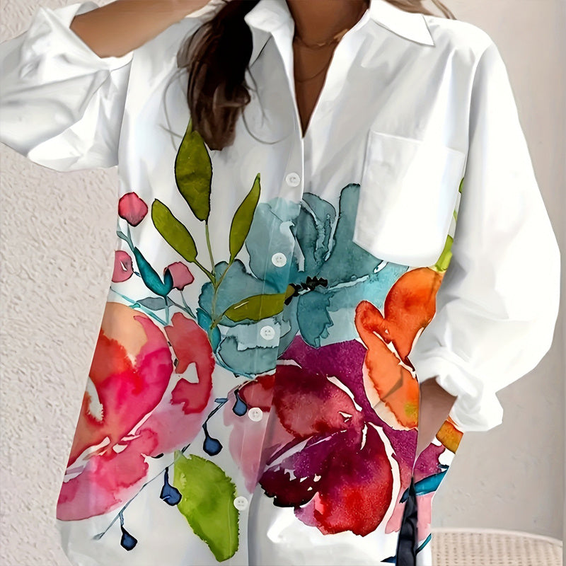 Women's Notch Lapel Long Sleeve Blouse With Colorful Floral Print