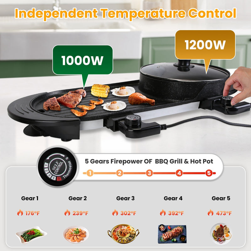 2200W  2 In 1 Electric Hot Pot With BBQ Grill Cooker