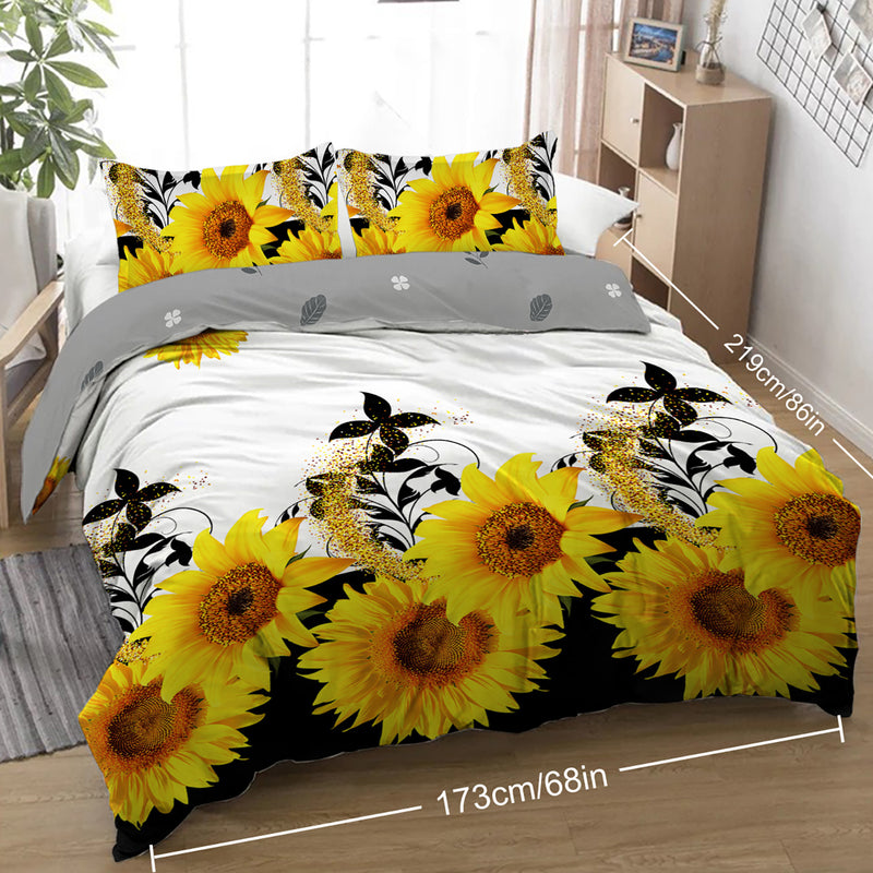 3 Pieces Black and White Background Sunflower Duvet Cover Set