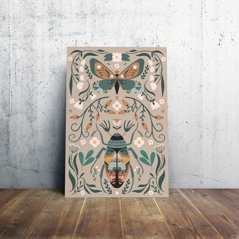 1pcs Modern Classic Wood Frame Canvas Wall Decor With Plant Flower & Butterfly Print