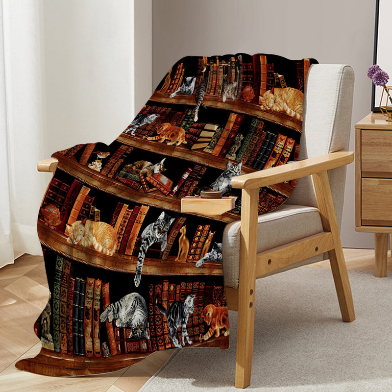 Vintage Kitten Flannel Blanket Cat In The Bookshelf Throw Blanket