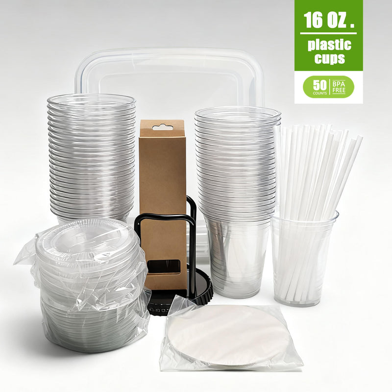 50Pack 16oz Disposable Cups COMPLETE KIT With Lids  Straws Includes 15Quart Storage