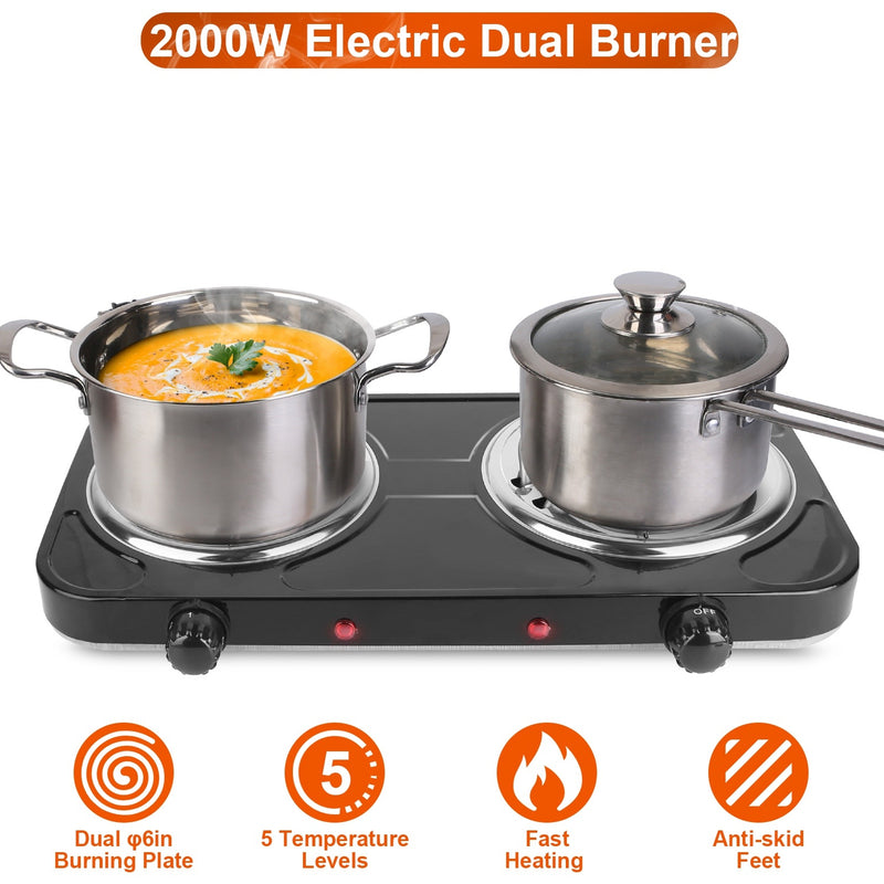 2 Color Options -- 1Pc 2000W Electric Double Burner Portable Coil Heating Hot Plate