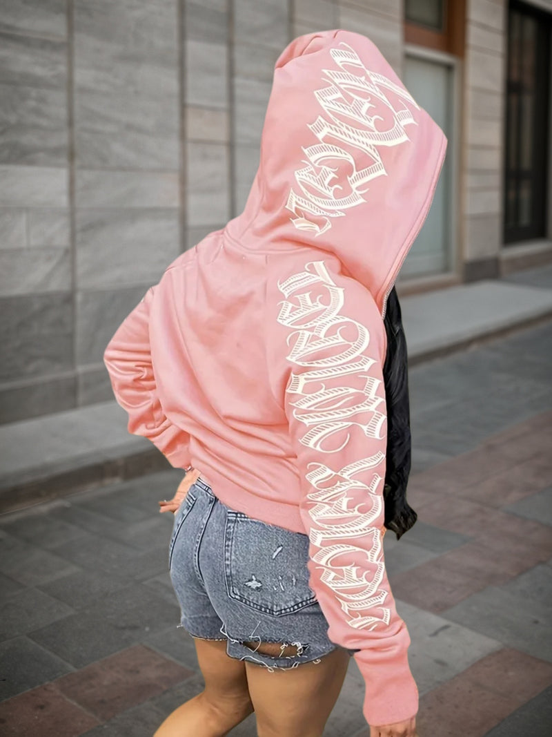 Letter Printed Long Sleeve Zipper Hoodie