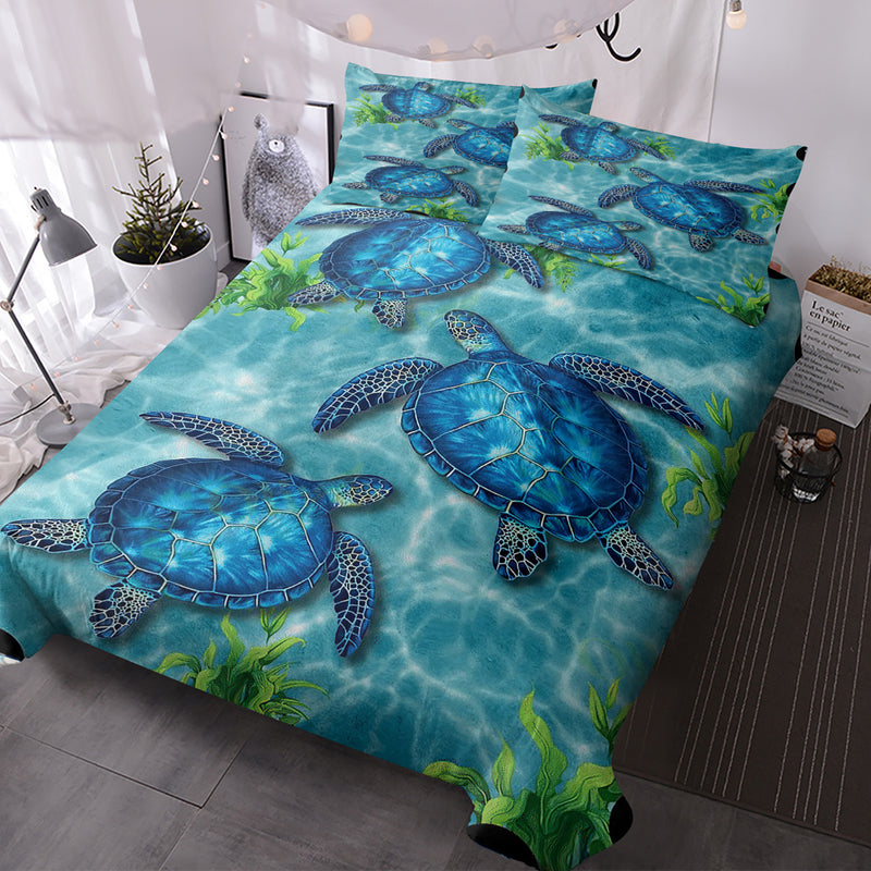 Sea Turtle Pattern Duvet Cover Set 3 Pieces King Size Soft Bedding Set