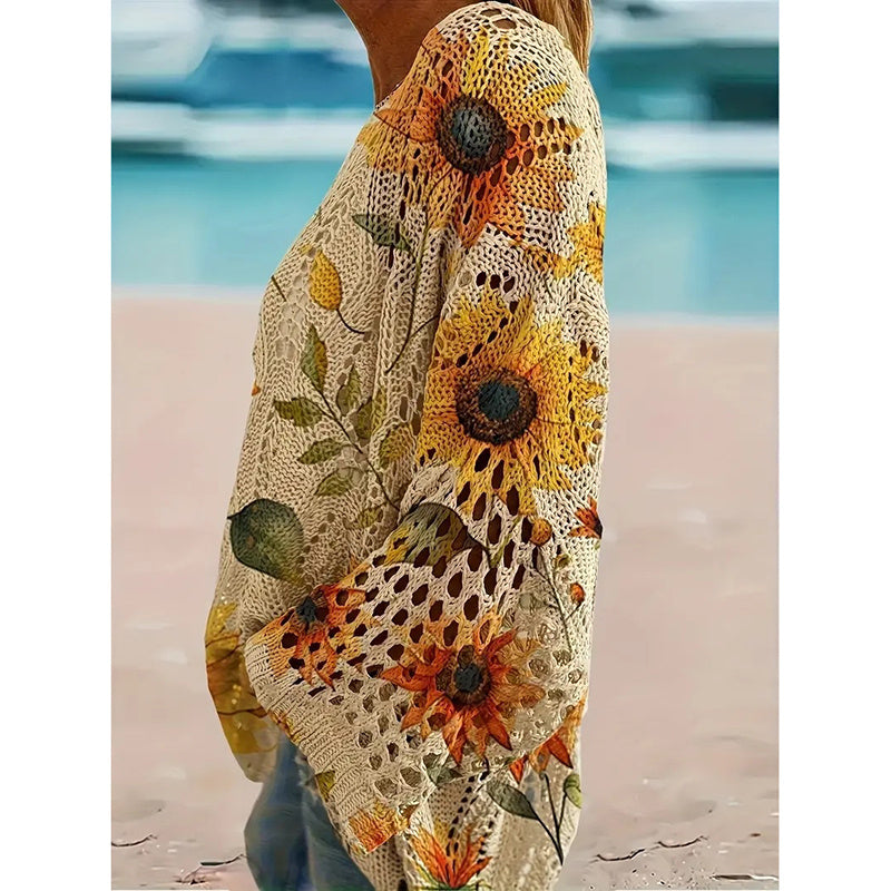 Women's Sunflower Print Sweater Hollow