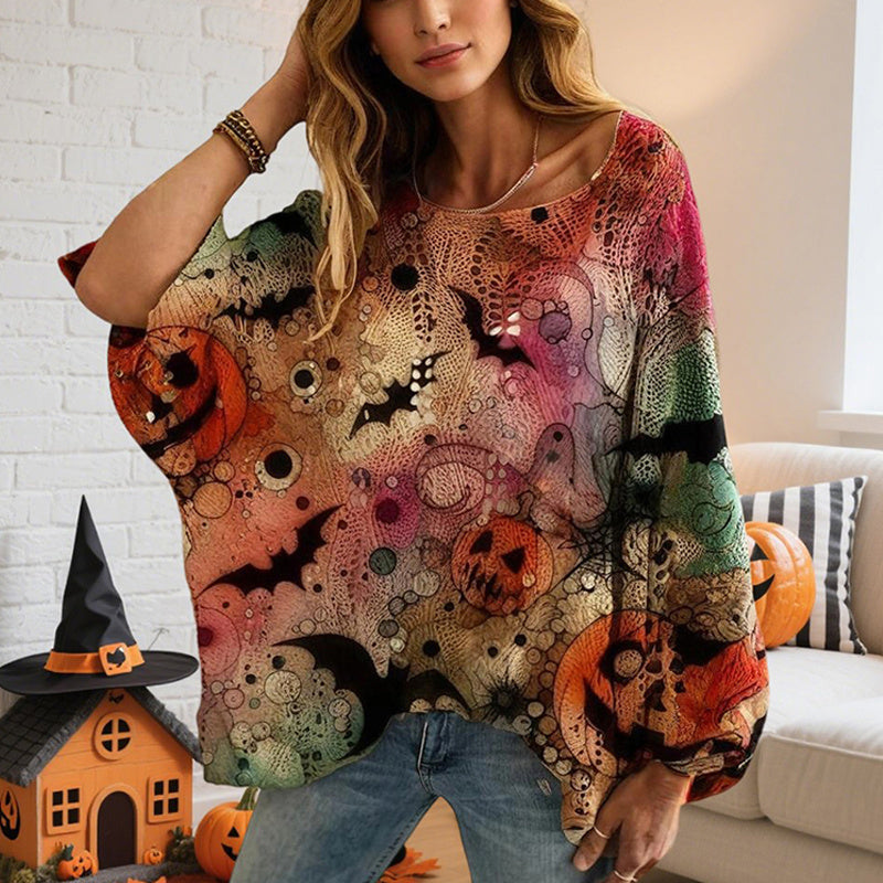 Women's Diamond Halloween Out Batwing Sleeve Top - Loose Fit