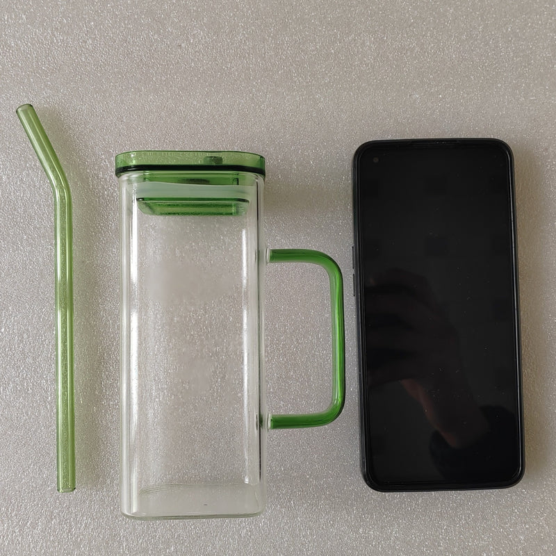 1 Pcs Green Glass Straw Cup, 6 Colors Square Glass Cup