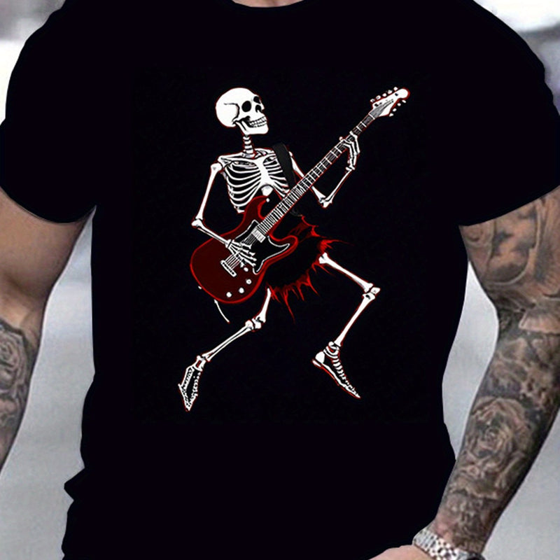 Men's Skull Guitar Patterned Round Neck T-shirt