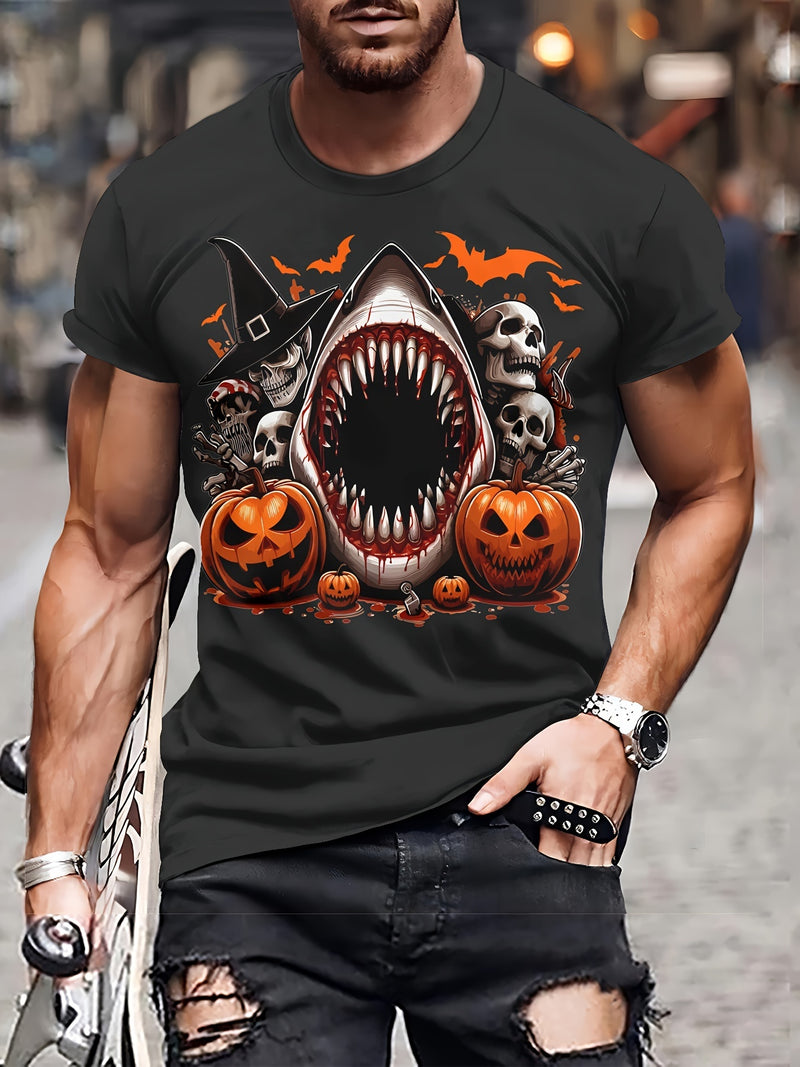 Men's Casual Polyester Round Neck T-shirt With 3D Shark