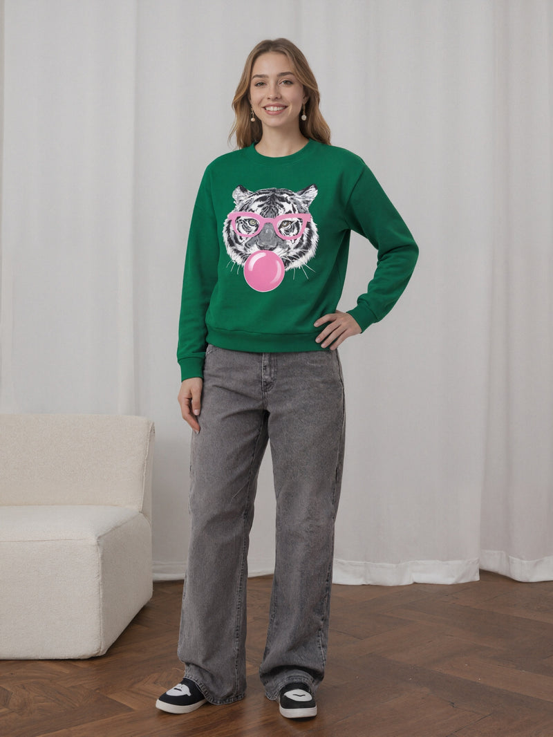 2025 New Women's Comfortable Green Tiger Bubble Gum Pattern Sports Shirt