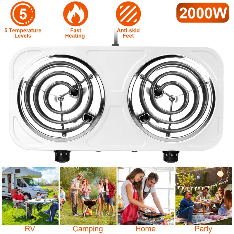 2 Color Options -- 1Pc 2000W Electric Double Burner Portable Coil Heating Hot Plate