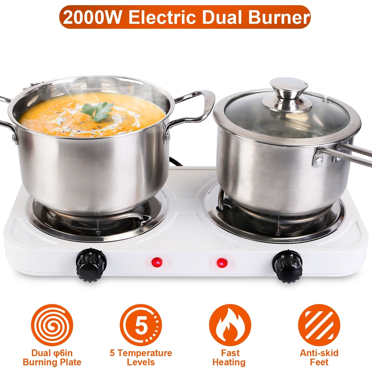 2 Color Options -- 1Pc 2000W Electric Double Burner Portable Coil Heating Hot Plate